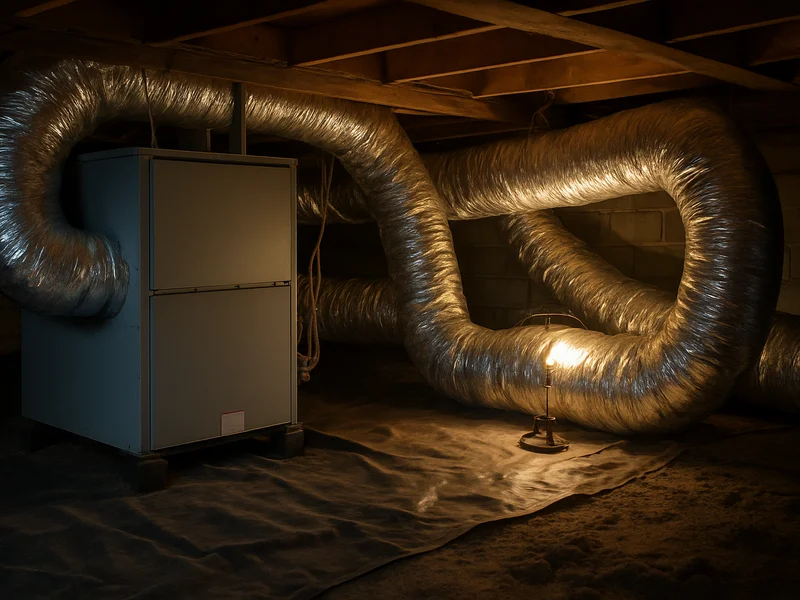 Furnace and flex ductwork under a Deer Lodge, MT ranch home