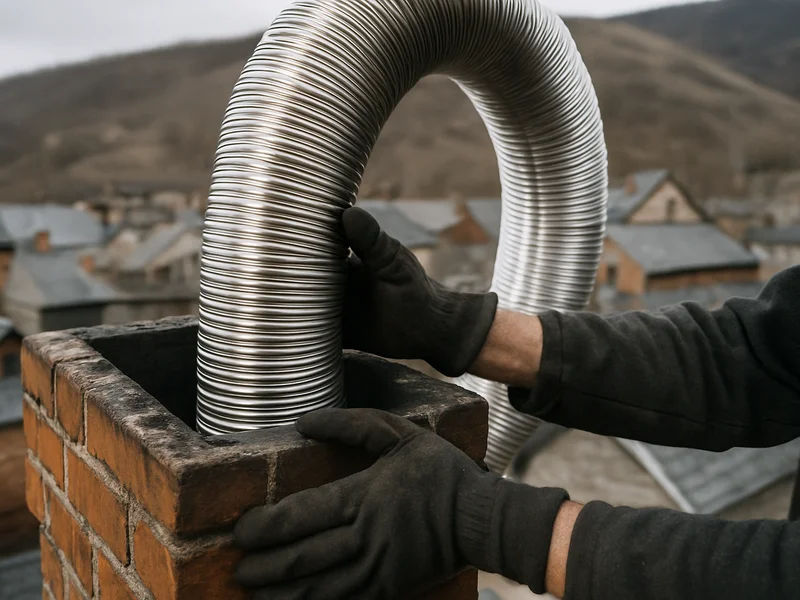 Stainless steel chimney liner being lowered into a brick flue